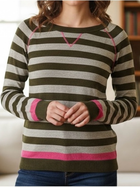Sweaters - Classic Striped Crewneck Sweater with a POP of PINK - L